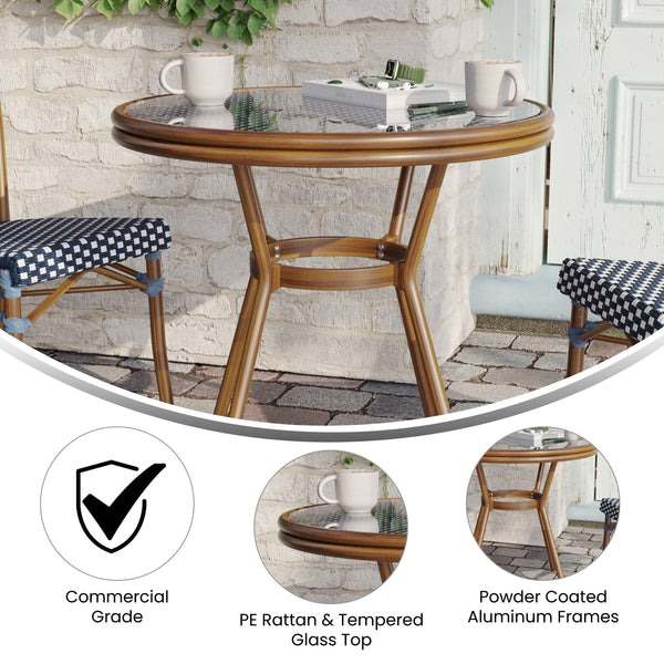 Navy & White Rattan/Natural Frame |#| Indoor/Outdoor Commercial Glass Top Bistro Table in Navy/White