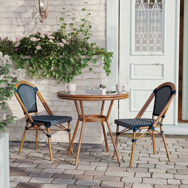 Navy & White Rattan/Natural Frame |#| Indoor/Outdoor Commercial Glass Top Bistro Table in Navy/White