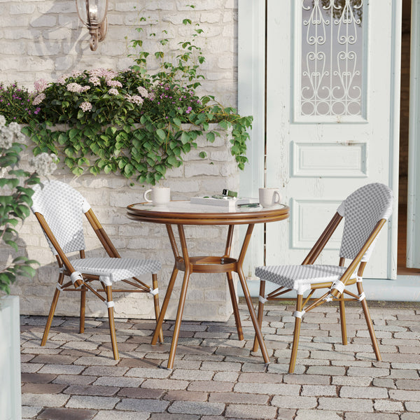 White & Gray Rattan/Natural Frame |#| Indoor/Outdoor Commercial Glass Top Bistro Table in White/Gray