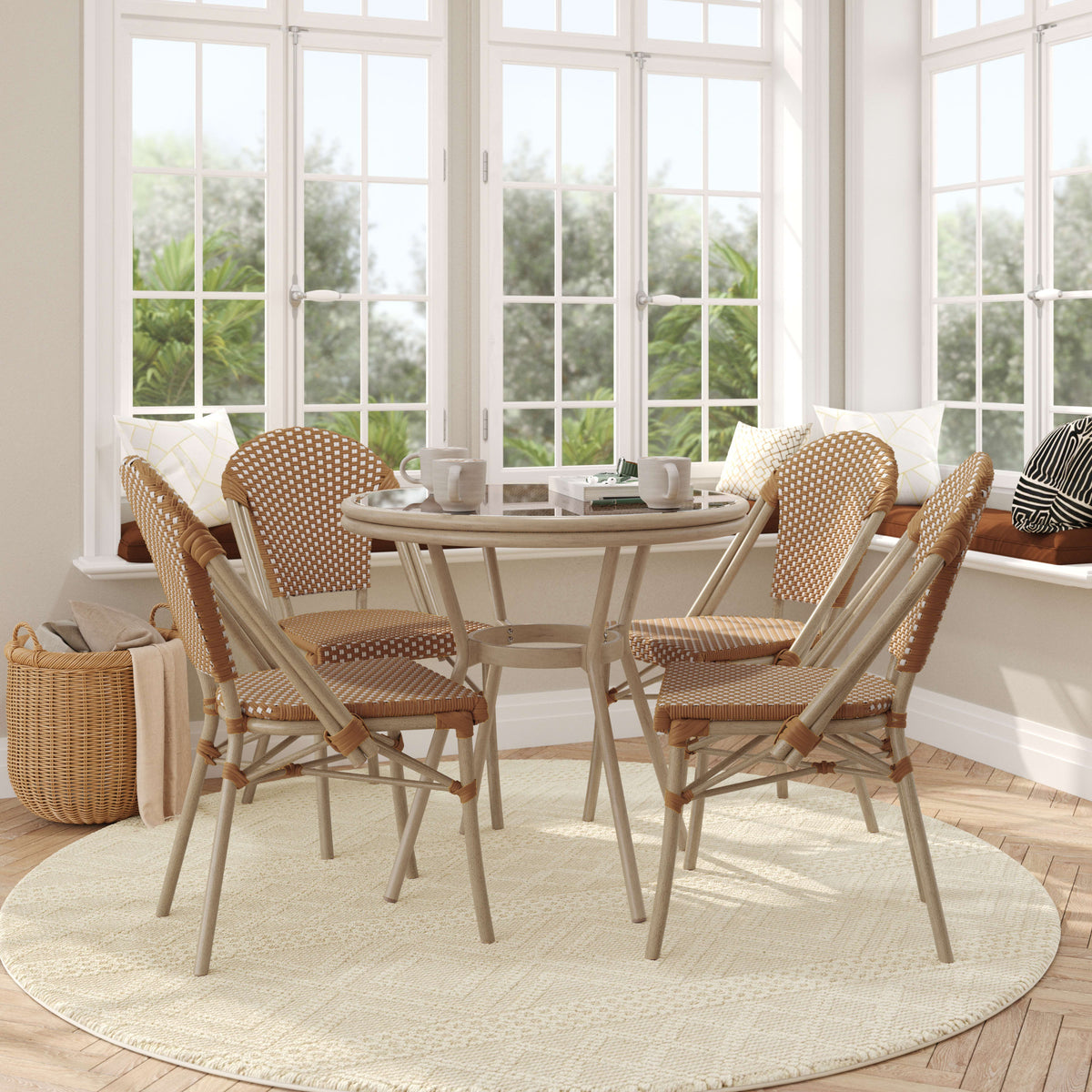 Natural & White Rattan/Light Natural Frame |#| Indoor/Outdoor Commercial Bistro Set with Table and 4 Chairs in Nat/Wht