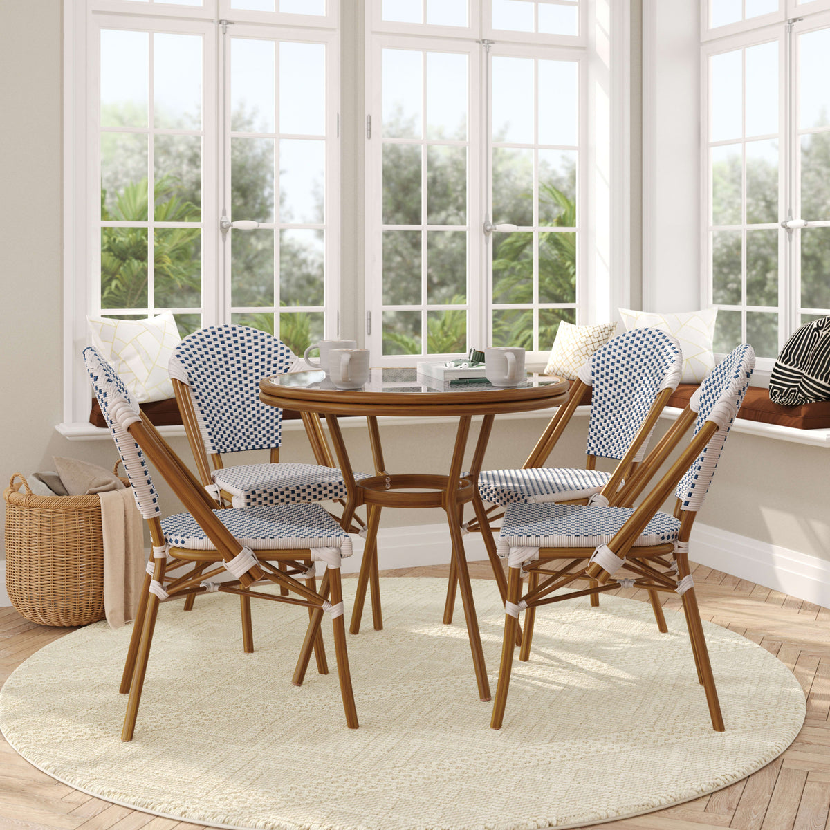 White & Navy Rattan/Natural Frame |#| Indoor/Outdoor Commercial Bistro Set with Table and 4 Chairs in Wht/Navy