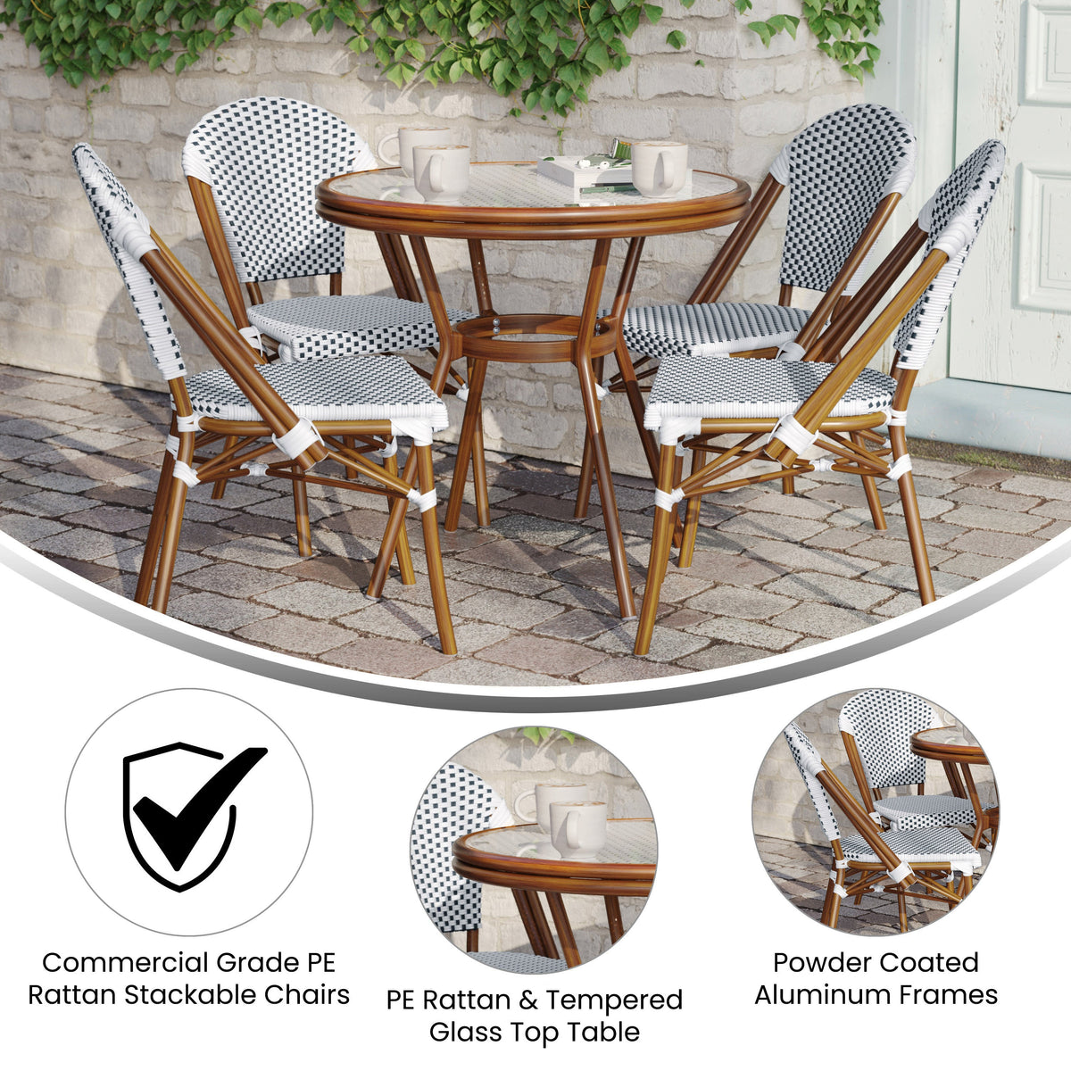 White & Navy Rattan/Natural Frame |#| Indoor/Outdoor Commercial Bistro Set with Table and 4 Chairs in Wht/Navy