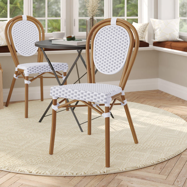 White & Gray/Natural Frame |#| All-Weather Commercial Paris Chair with Bamboo Print Metal Frame-Natural/White