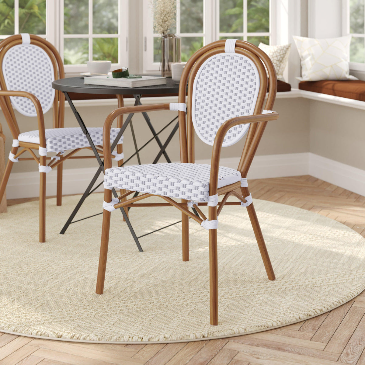 White & Gray/Natural Frame |#| All-Weather Commercial Paris Chair with Bamboo Print Metal Frame-White/Gray