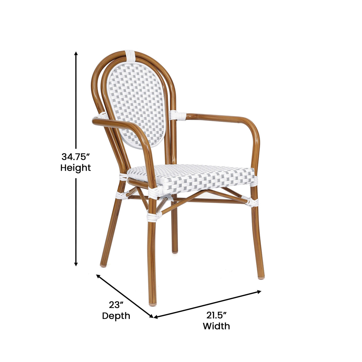 White & Gray/Natural Frame |#| All-Weather Commercial Paris Chair with Bamboo Print Metal Frame-White/Gray