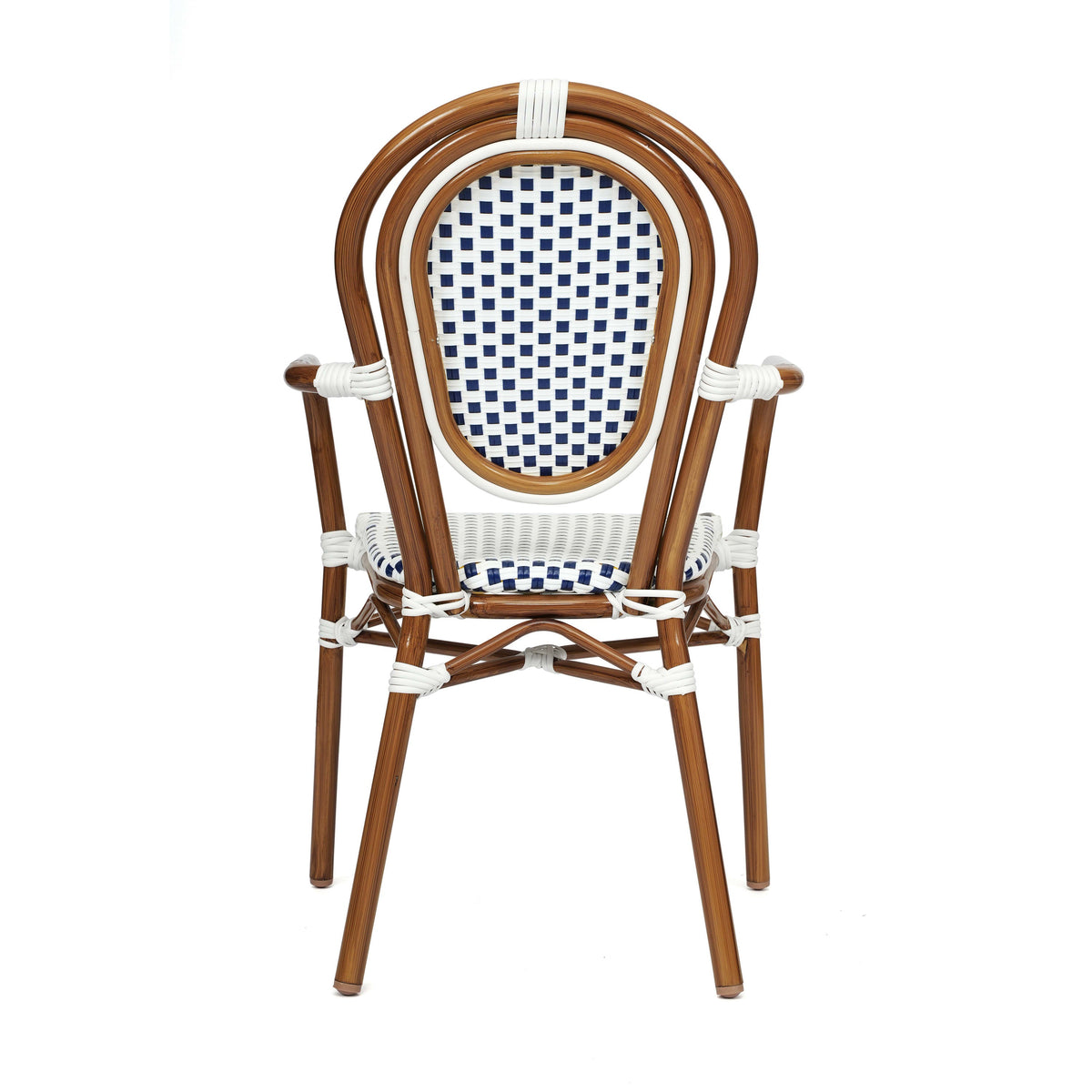 White & Navy/Natural Frame |#| All-Weather Commercial Paris Chair with Bamboo Print Metal Frame-White/Navy