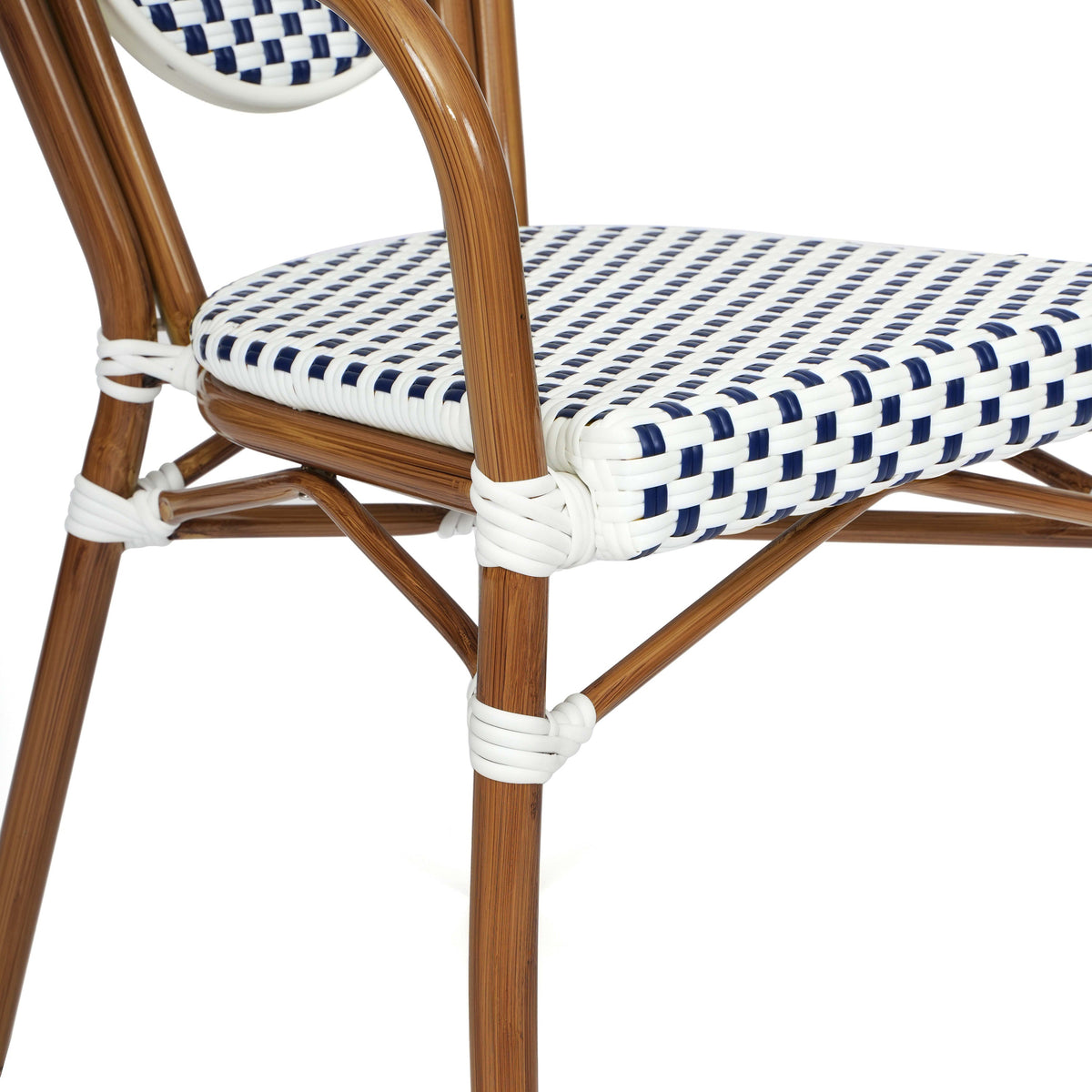 White & Navy/Natural Frame |#| All-Weather Commercial Paris Chair with Bamboo Print Metal Frame-White/Navy