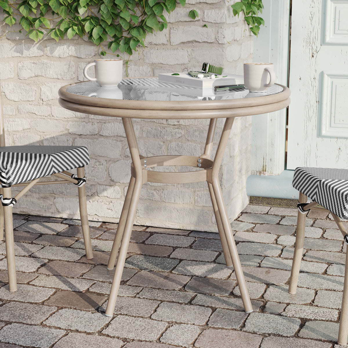 Black & White Textilene/Light Natural Frame |#| Indoor/Outdoor Commercial Glass Top Bistro Table in Black/White