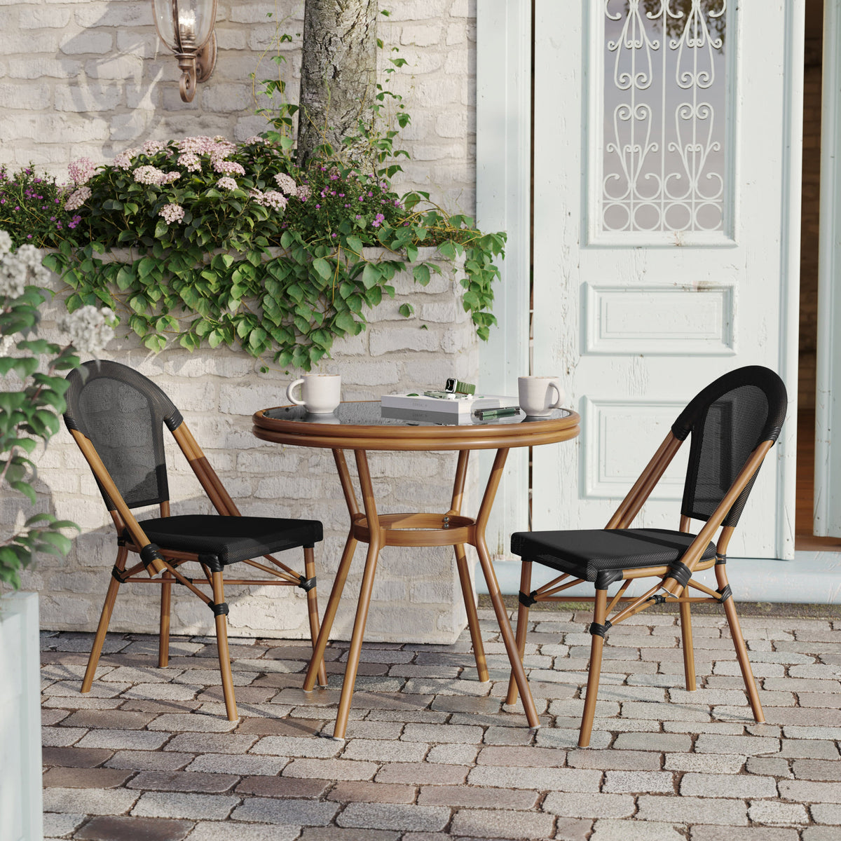 Black Textilene/Natural Frame |#| Indoor/Outdoor Commercial Glass Top Bistro Table in Black