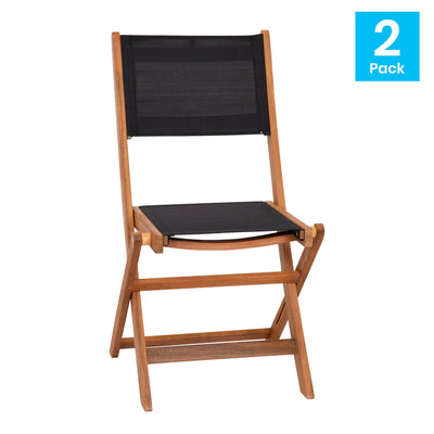Martindale Indoor/Outdoor Folding Acacia Wood Patio Bistro Chairs with X Base Frame and Textilene Back and Seat, Set of 2