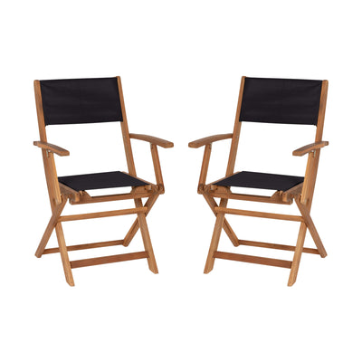 Martindale Indoor/Outdoor Folding Acacia Wood Patio Bistro Chairs with X Base Frame with Arms and Textilene Back and Seat, Set of 2