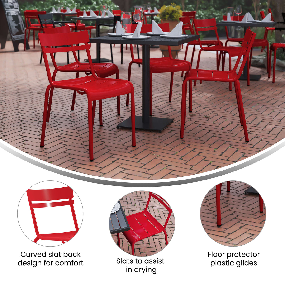 Red |#| Modern Commercial Grade 2 Slat Indoor/Outdoor Steel Dining Chair in Red