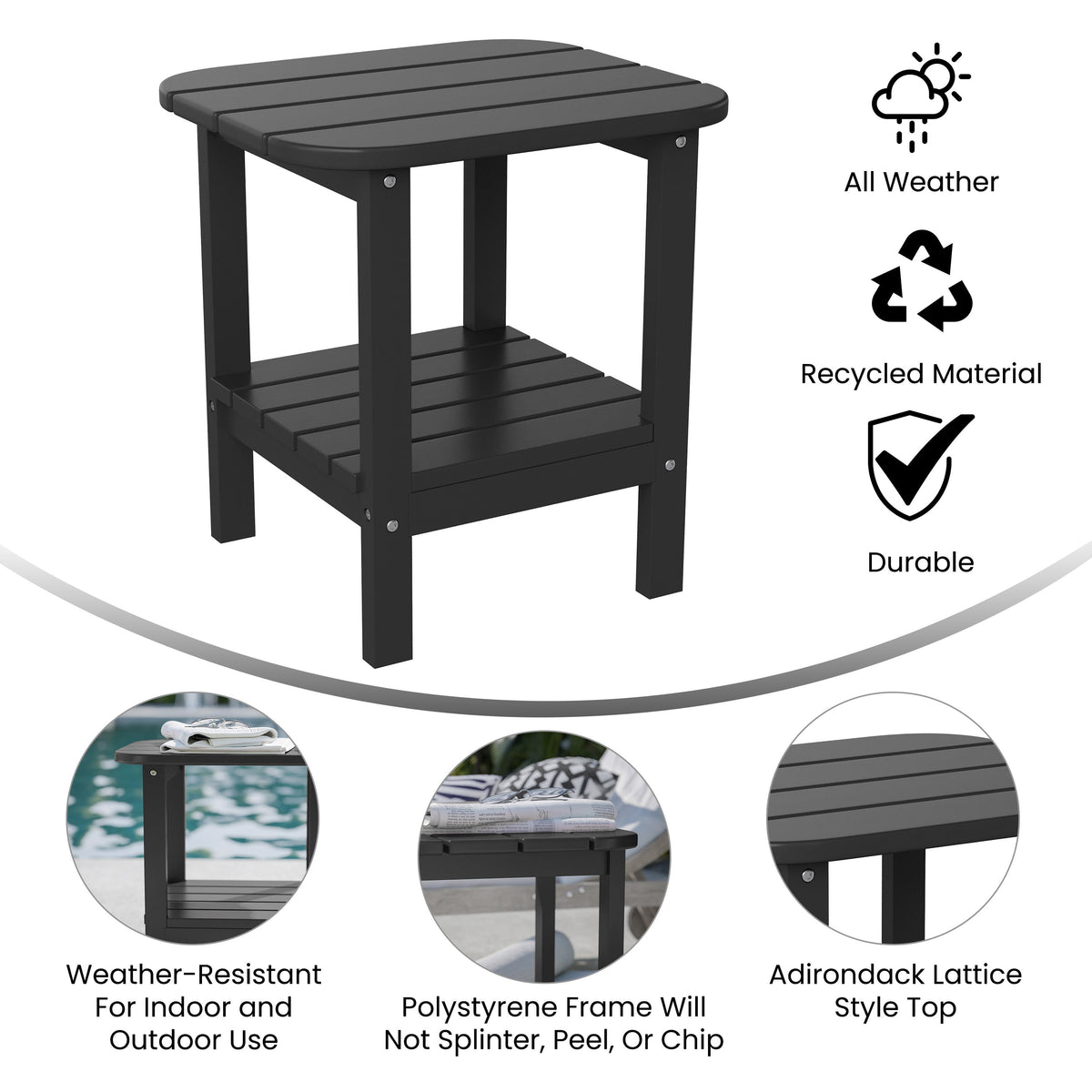 Black |#| Commercial Grade All-Weather Adirondack Style Patio Side Table in Black