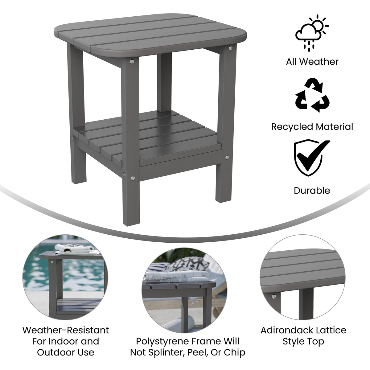 Gray |#| Commercial Grade All-Weather Adirondack Style Patio Side Table in Gray