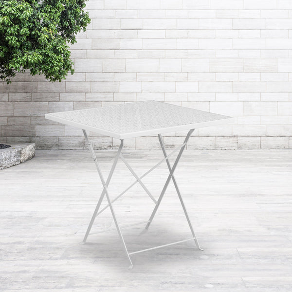 White |#| 28inch Square White Indoor-Outdoor Steel Folding Patio Table - Home Furniture