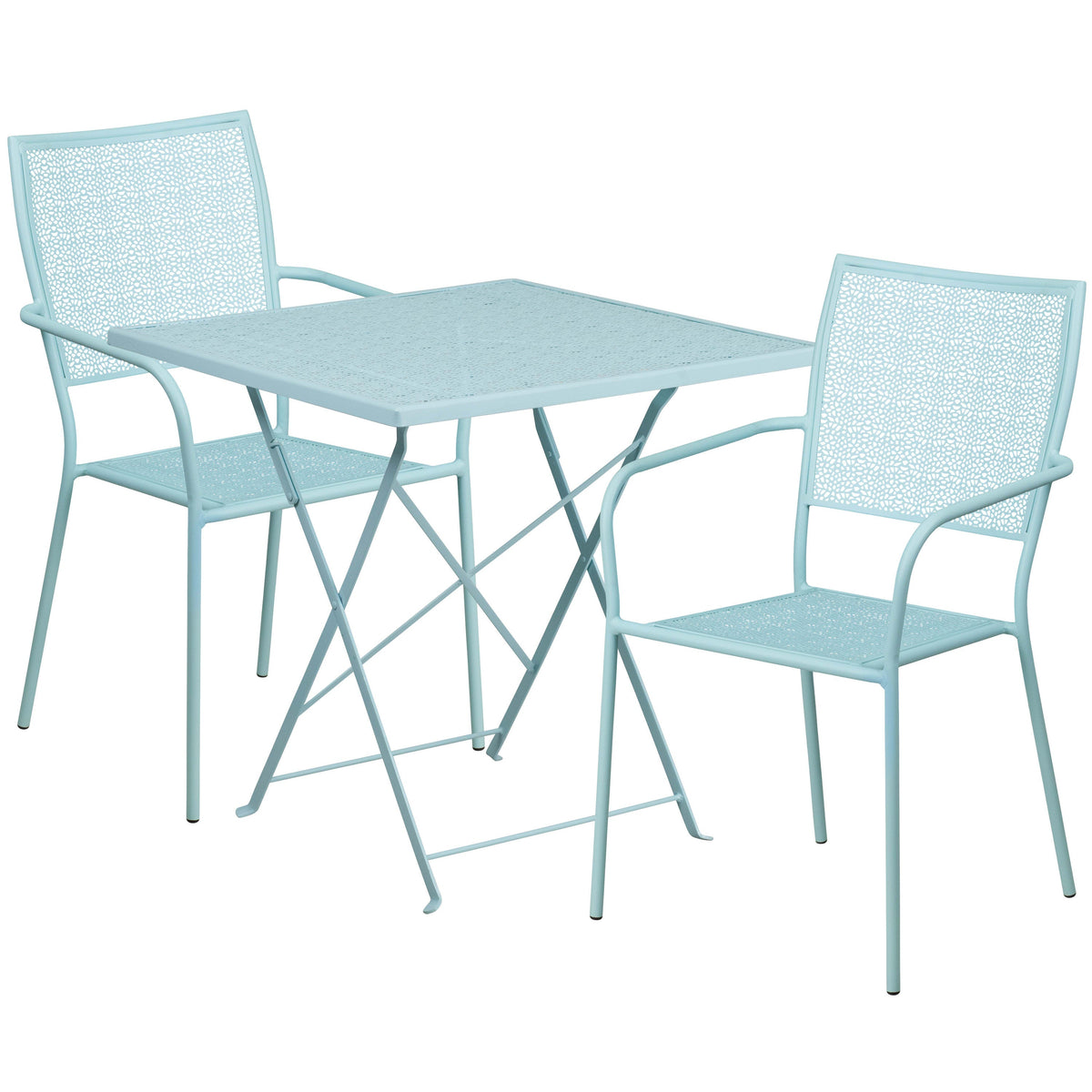 Sky Blue |#| 28inch Square Sky Blue Indoor-Outdoor Steel Folding Patio Table Set with 2 Chairs