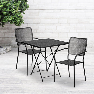 Oia Commercial Grade 28" Square Indoor-Outdoor Steel Folding Patio Table Set with 2 Square Back Chairs - View 2