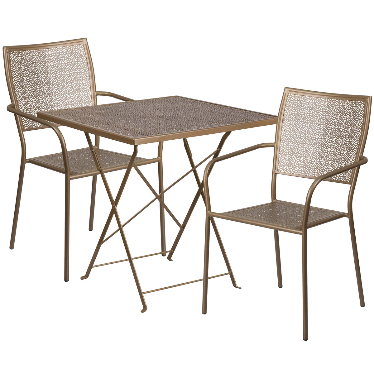 Gold |#| 28inch Square Gold Indoor-Outdoor Steel Folding Patio Table Set with 2 Chairs