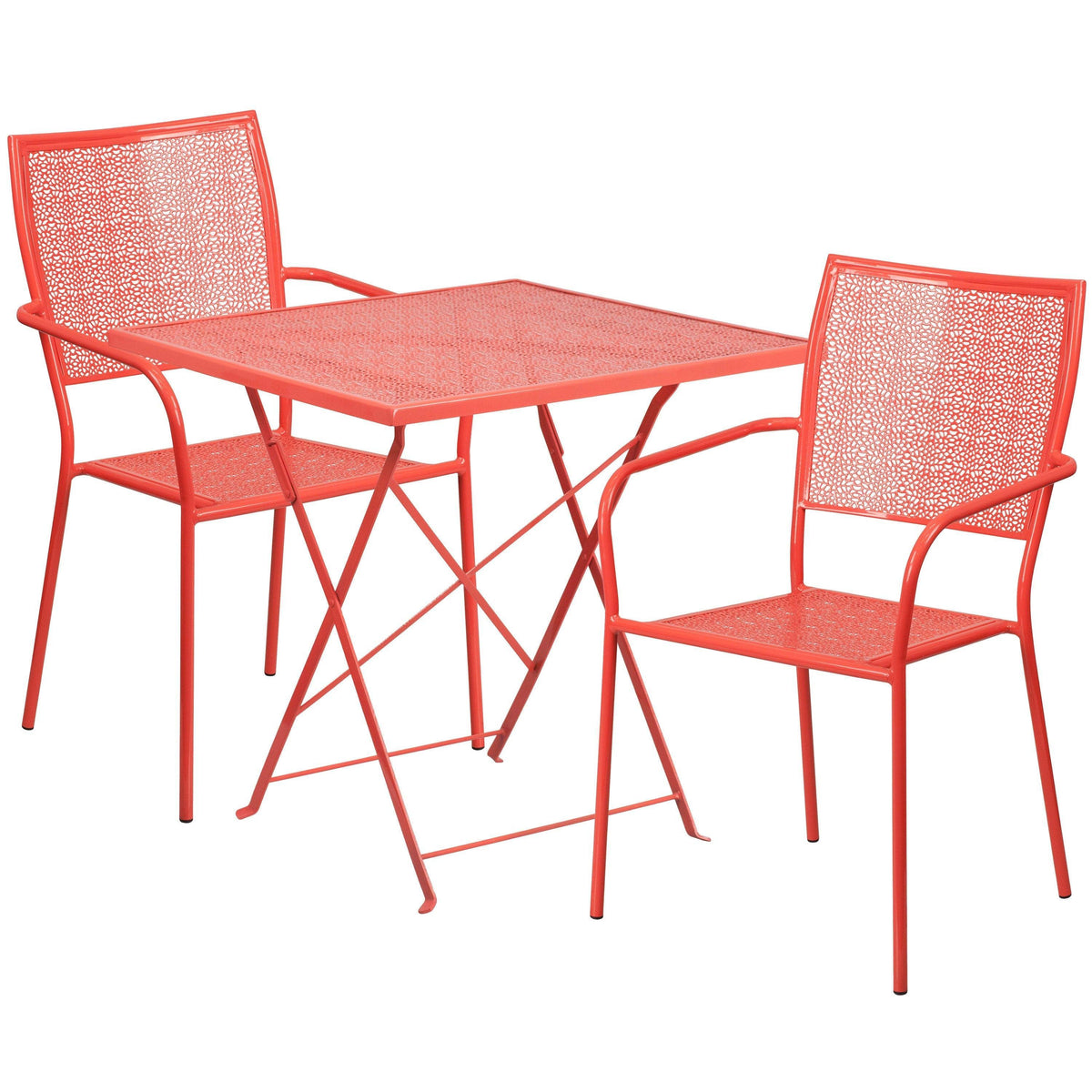 Coral |#| 28inch Square Coral Indoor-Outdoor Steel Folding Patio Table Set with 2 Chairs