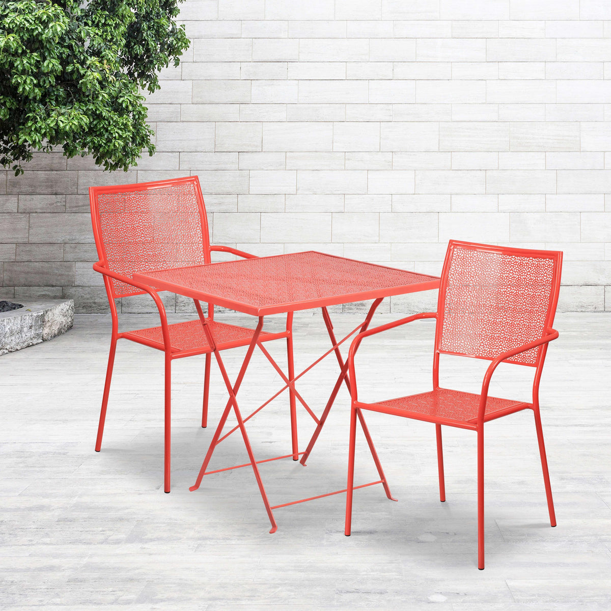 Coral |#| 28inch Square Coral Indoor-Outdoor Steel Folding Patio Table Set with 2 Chairs