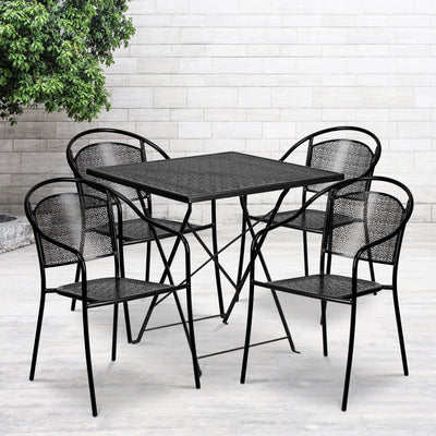 Oia Commercial Grade 28" Square Indoor-Outdoor Steel Folding Patio Table Set with 4 Round Back Chairs - View 2