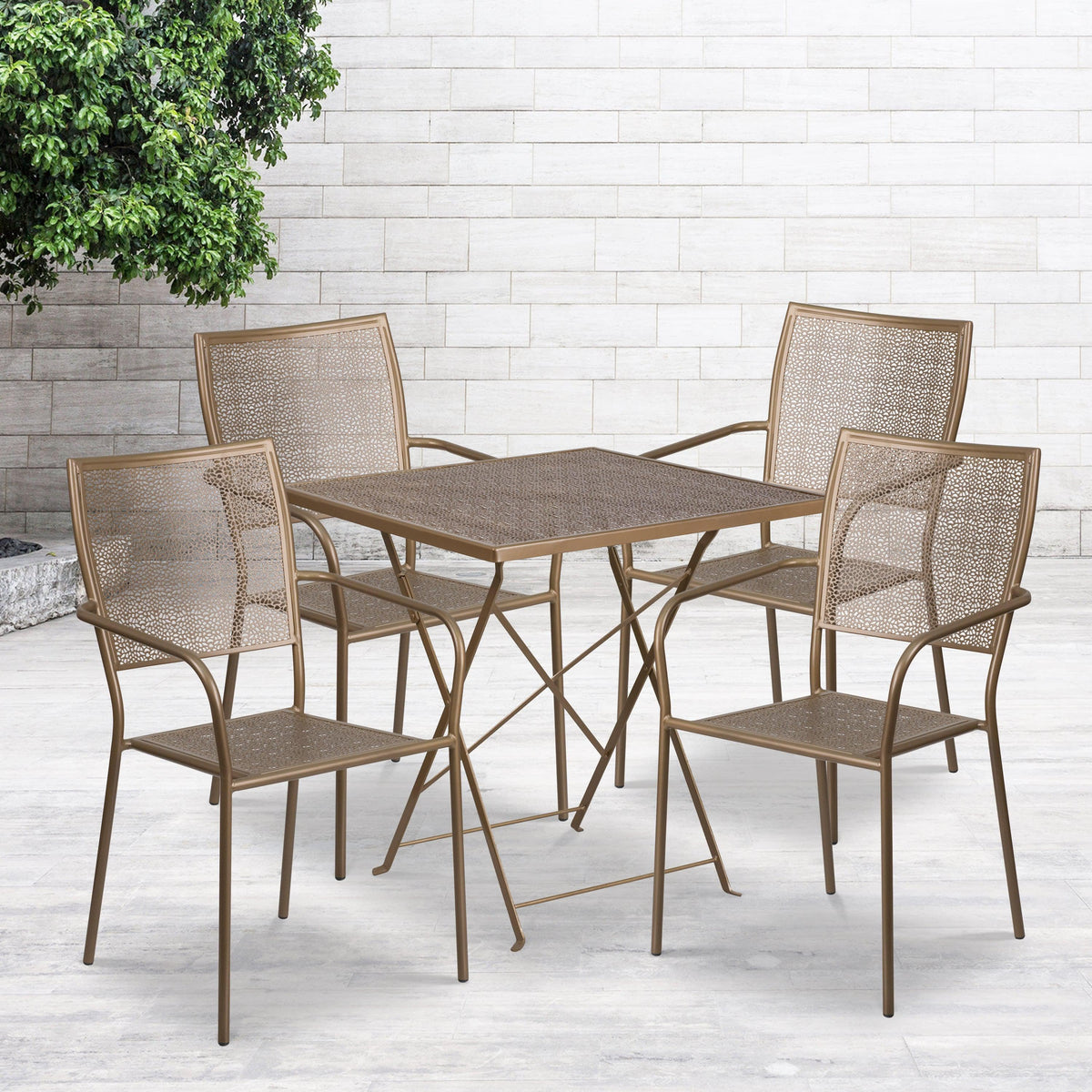 Gold |#| 28inch Square Gold Indoor-Outdoor Steel Folding Patio Table Set with 4 Chairs