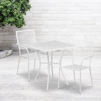 Oia Commercial Grade 28" Square Indoor-Outdoor Steel Patio Table Set with 2 Square Back Chairs - View 2