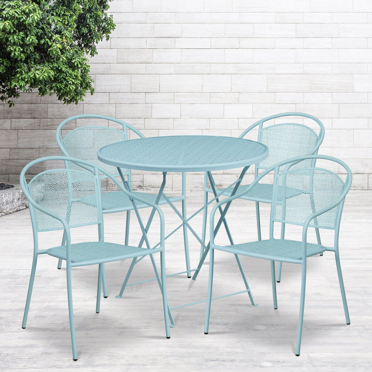 Sky Blue |#| 30inch Round Sky Blue Indoor-Outdoor Steel Folding Patio Table Set with 4 Chairs