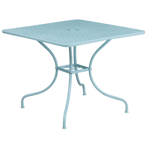 best patio table with umbrella hole Flash Furniture Square Indoor/Outdoor Steel Patio Table, Sky Blue, 35.5"