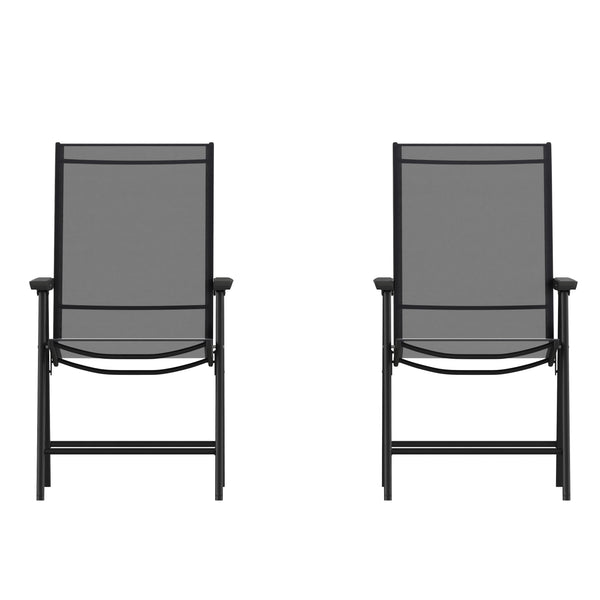 Black |#| Portable Black Outdoor Folding Patio Sling Chair with Black Frame - Set of 2