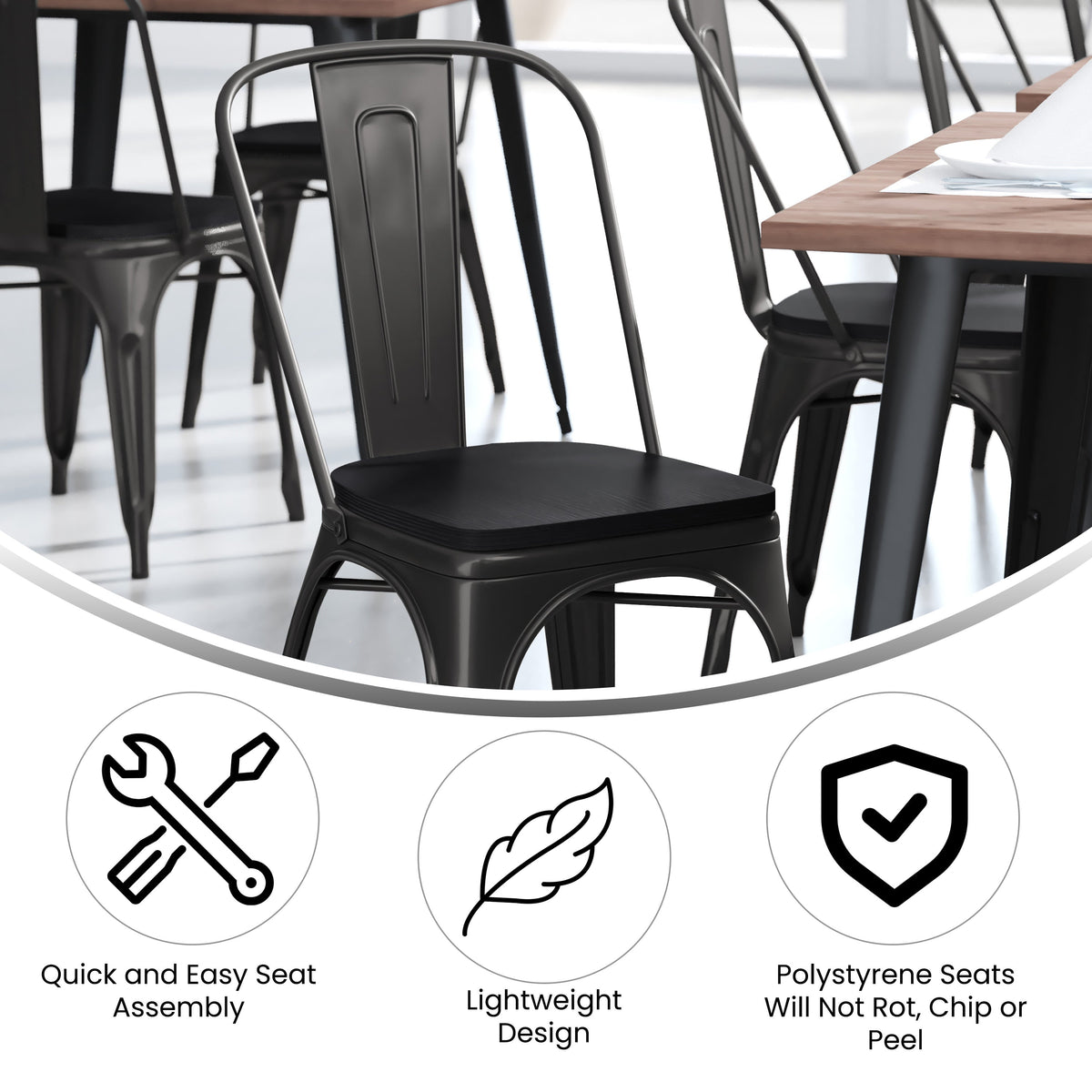 Black/Black |#| All-Weather Commercial Stack Chair & Poly Resin Seat - Black/Black