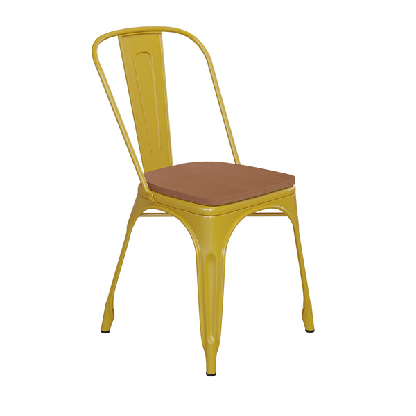 Yellow/Teak |#| All-Weather Commercial Stack Chair & Poly Resin Seat - Yellow/Teak