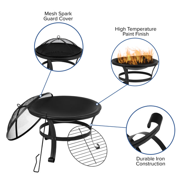 Black |#| Set of 2 Poly Resin Adirondack Rocking Chairs in Black & 22inch Round Fire Pit