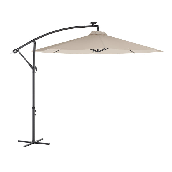 cantilever solar lighted patio umbrella Flash Furniture 10 ft. Sedona Commercial Grade Round Cantilever Umbrella with 32 Solar LED Lights Built in Cross Base & Easy Lift & Tilt Function Tan