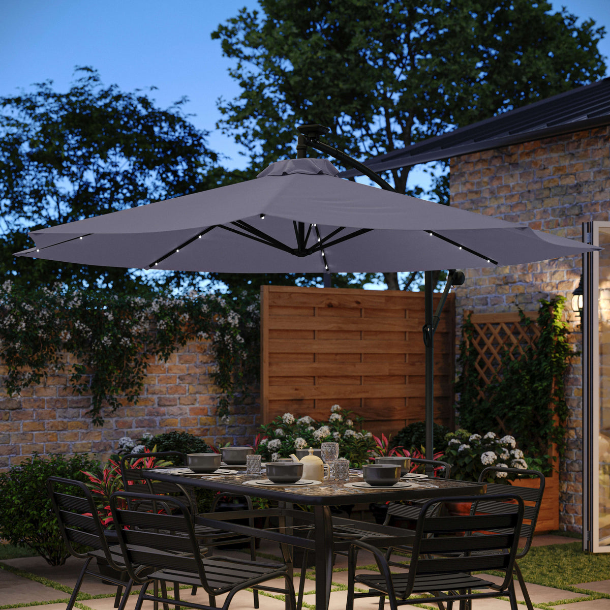 commercial grade outdoor patio umbrellas Flash Furniture 10 ft. Sedona Commercial Grade Round Cantilever Umbrella with 32 Solar LED Lights Built in Cross Base & Easy Lift & Tilt Function Tan