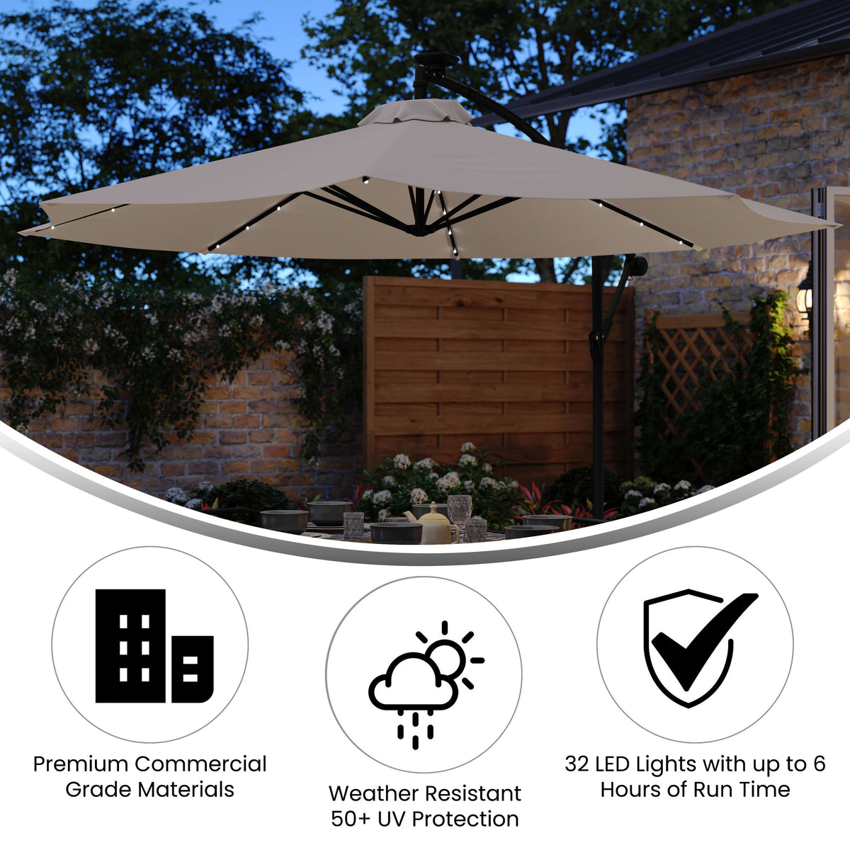 Flash Furniture 10 ft. Sedona Commercial Grade Round Cantilever Umbrella with 32 Solar LED Lights Built in Cross Base & Easy Lift & Tilt Function Tan Flash Furniture 10 ft. Sedona Commercial Grade Round Cantilever Umbrella with 32 Solar LED Lights Built in Cross Base & Easy Lift & Tilt Function Tan