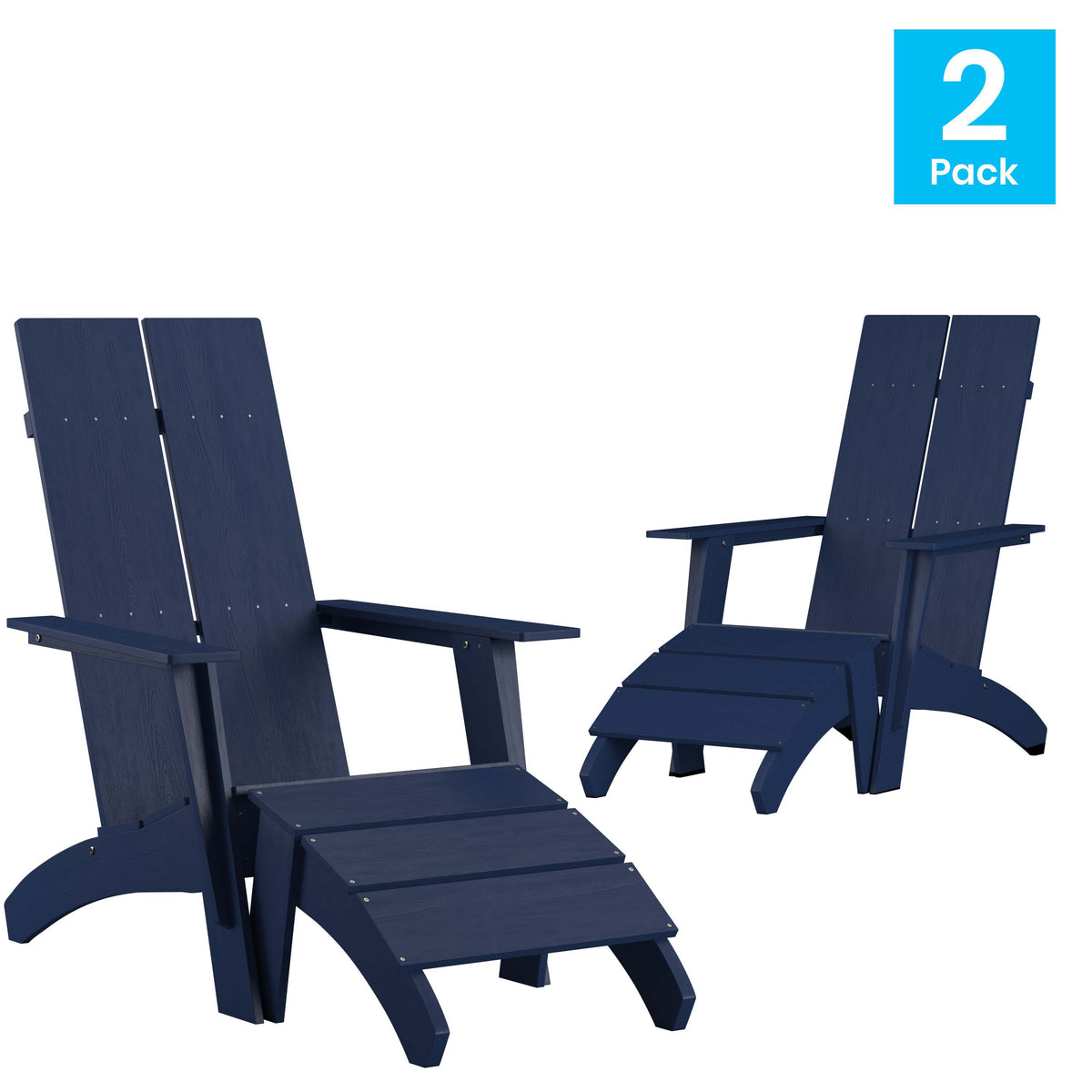 Navy |#| Set of 2 Indoor/Outdoor 2-Slat Adirondack Style Chairs & Footrests in Navy