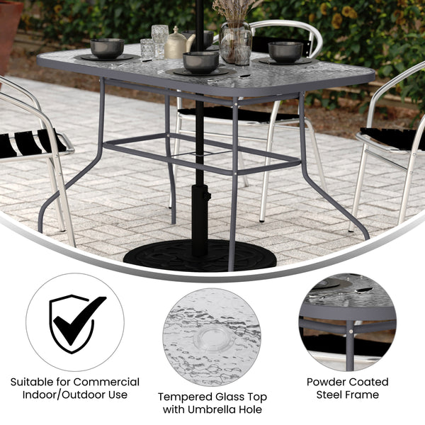 glass top patio table with umbrella BIQWBIC 32" with Hole, Round Outdoor Dining Table Bistro Table with Table Top, All Weather Small Outdoor Table for Pool, Lawn, Backyard, Balcony : Patio The thick tempered glass top consists of an umbrella hole for a market umbrella to help shade you while eating and socializing Flash Furniture 27.5 x 47.25