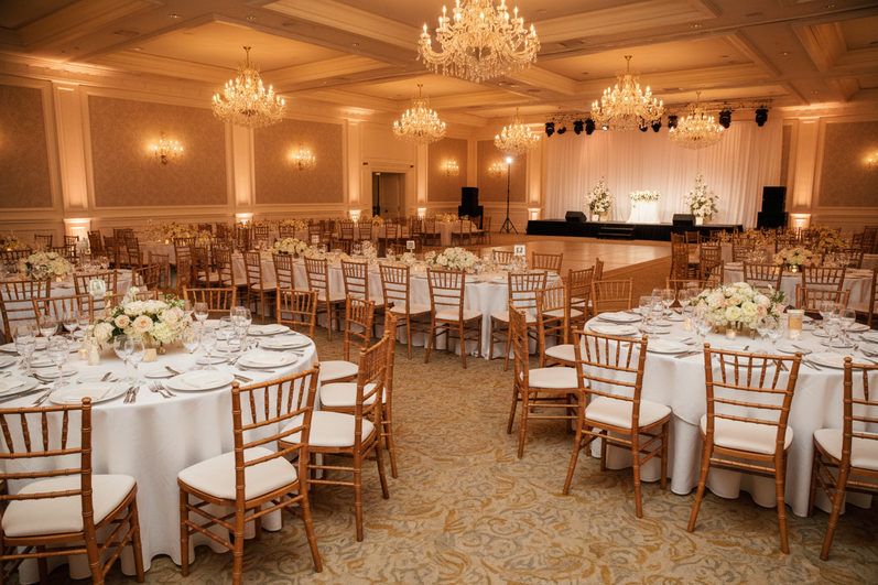 Advantage Wood Chiavari Chairs in Venue Space - Angled View
