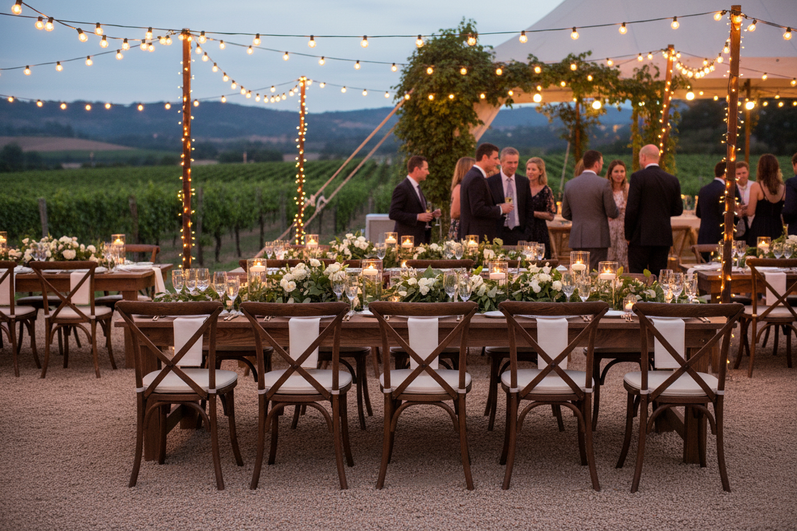 HERCULES Wood Cross Back Chairs at Outdoor Event